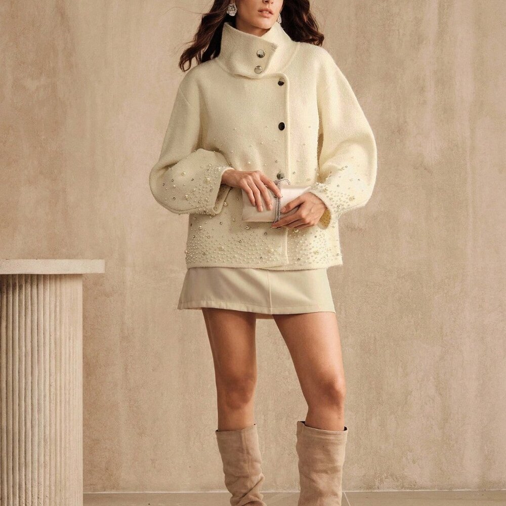 Cream Casual Women's Cardigan with Pearl & Rhinestone Details - Picture 3 of 11